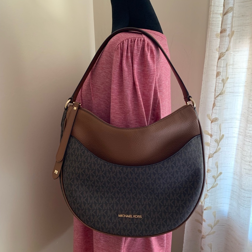 Michael Kors Dark Brown and Black Dover Large Half Moon Shoulder Bag